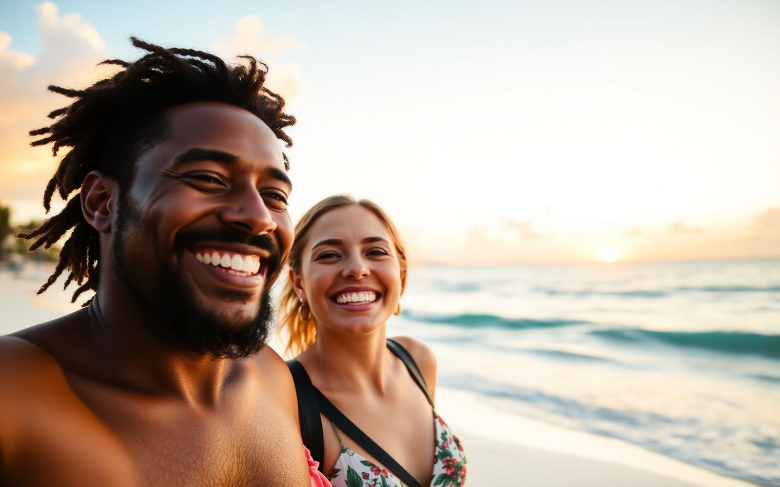 Smiling couple enjoying a beach vacation at sunset