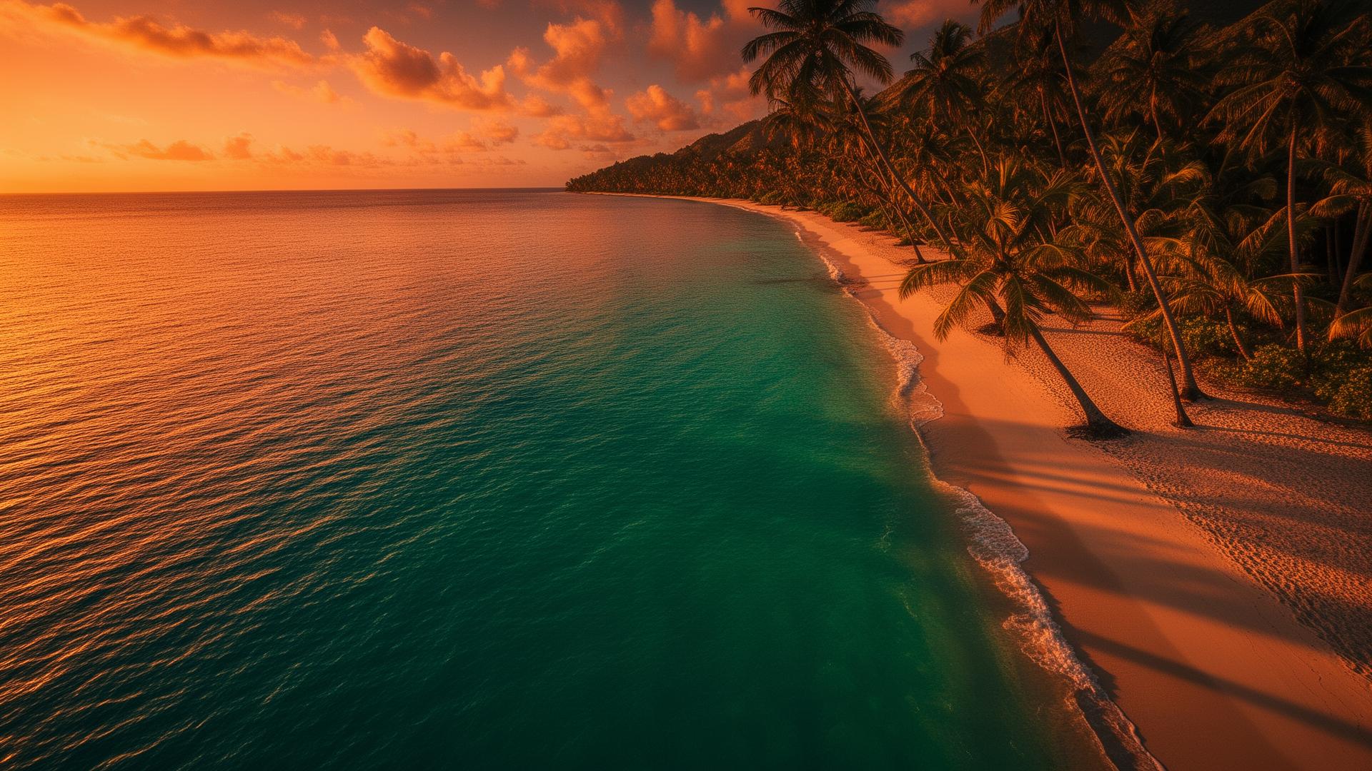 Tropical beach at golden hour with palm trees and turquoise water